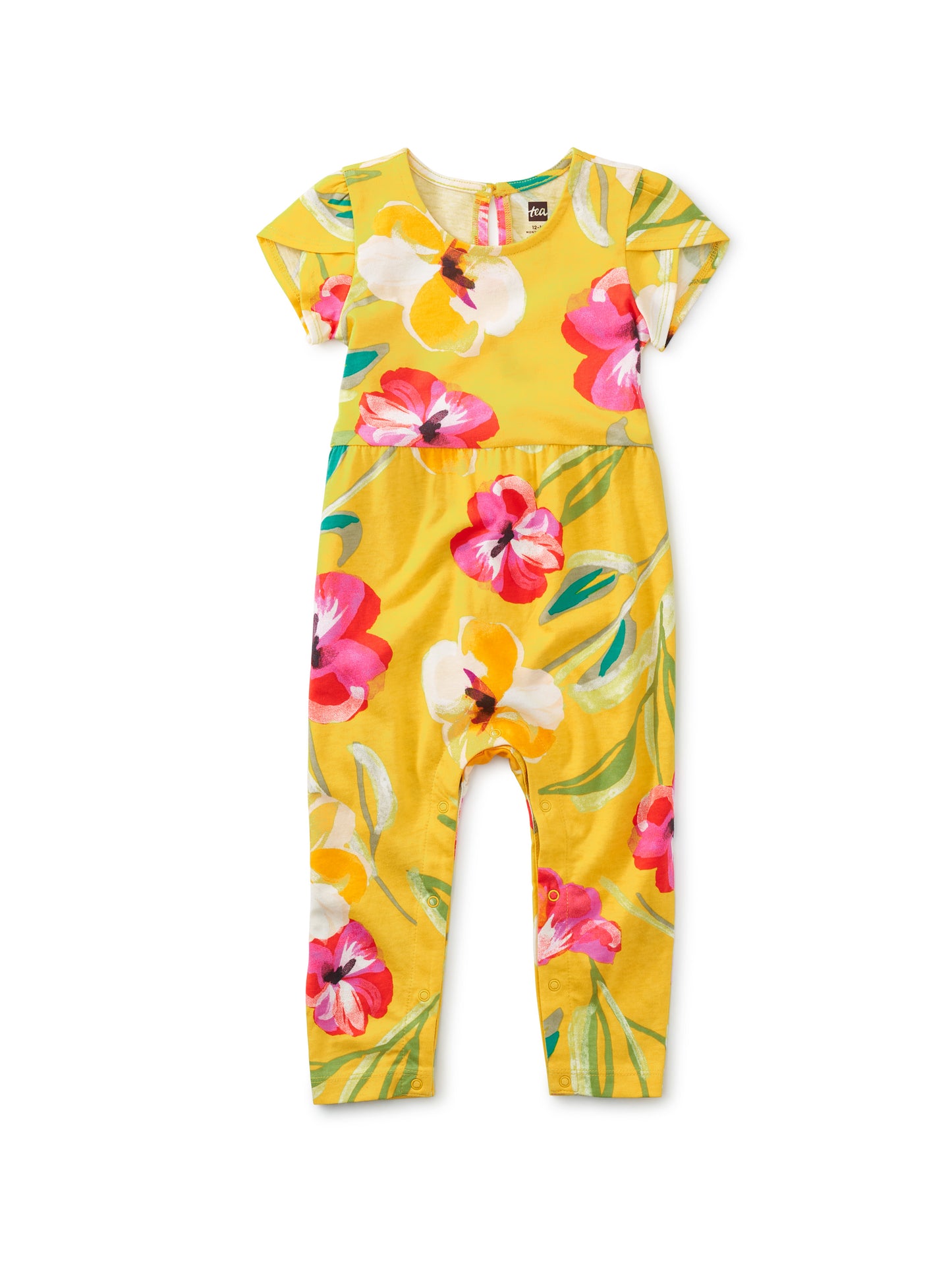 Painterly Hibiscus in Yellow Tulip Sleeve Baby Romper