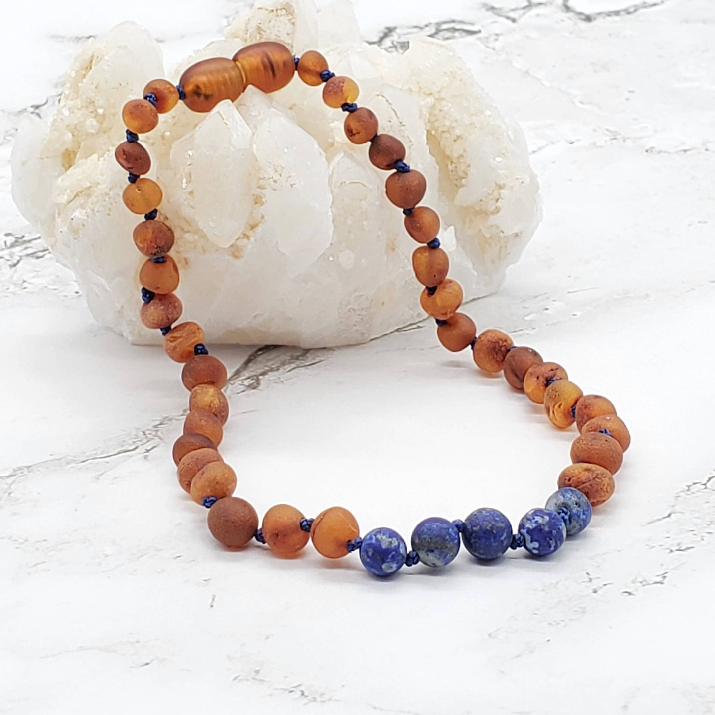 Raw Lapis Lazuli + Raw Cognac Amber Kids Necklace