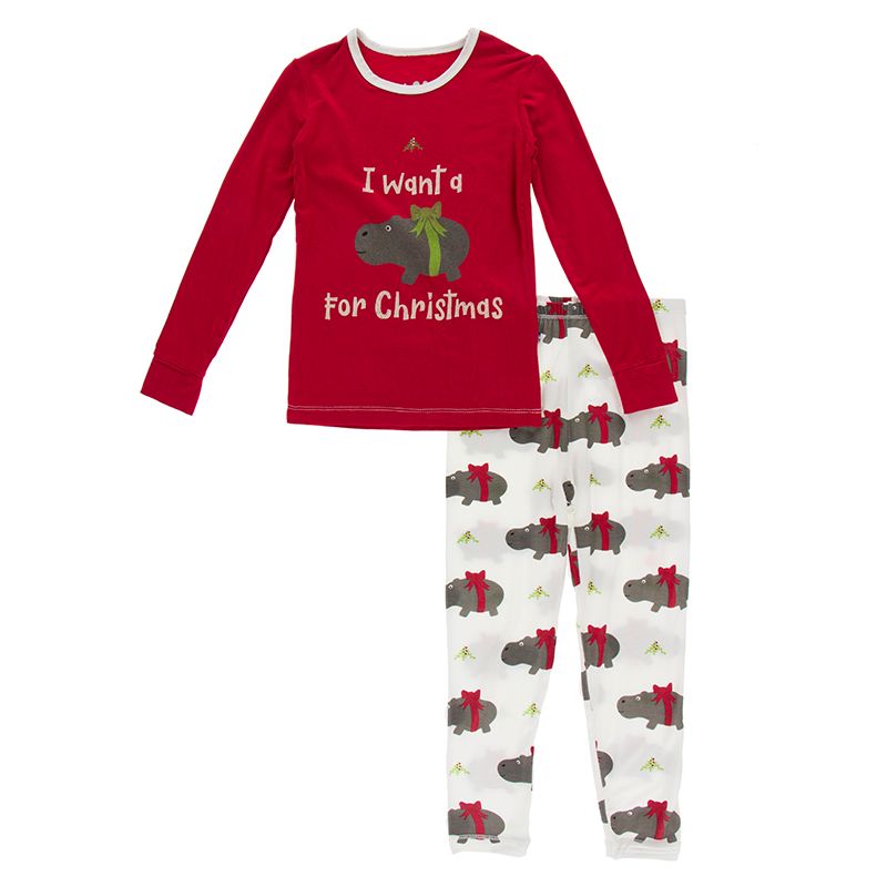 KicKee Pants Long Sleeve Graphic Tee Pajama Set - Natural Christmas Hippo