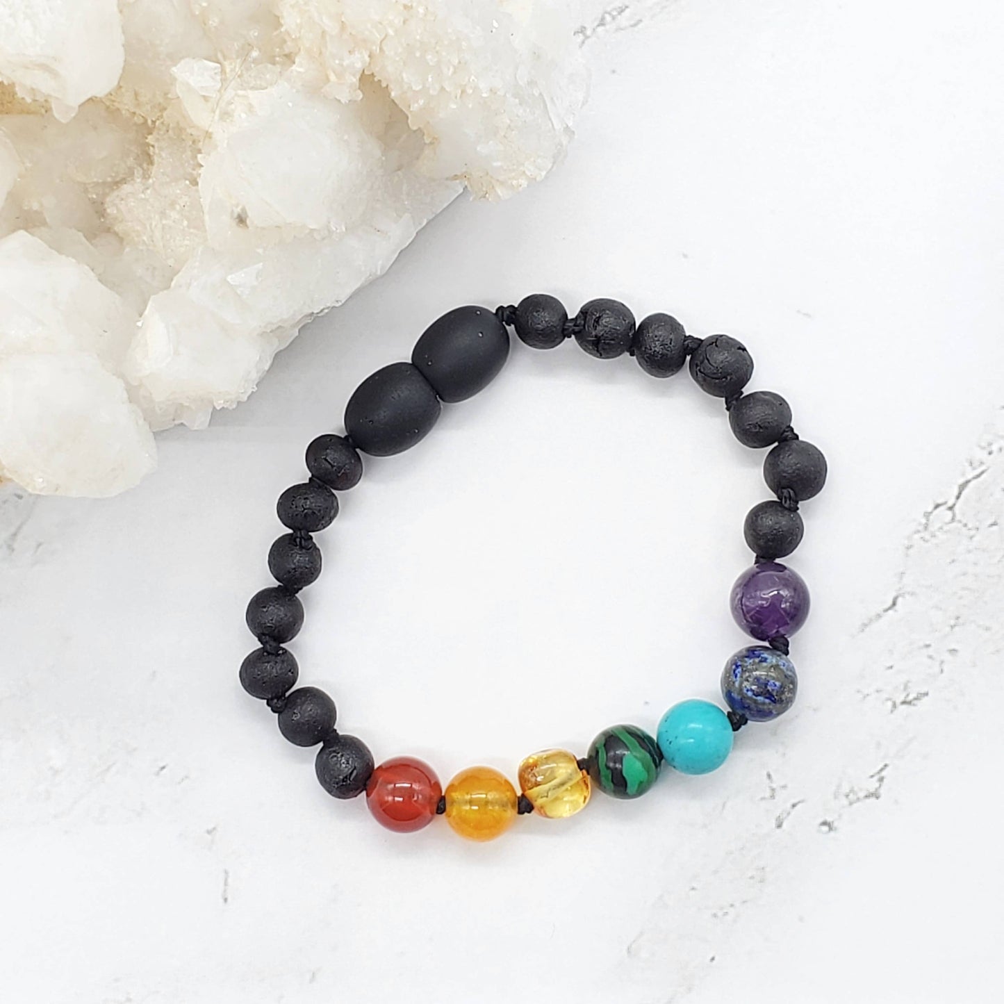 Raw Chakra Gemstones & Cherry Baltic Amber Bracelet 5.5"