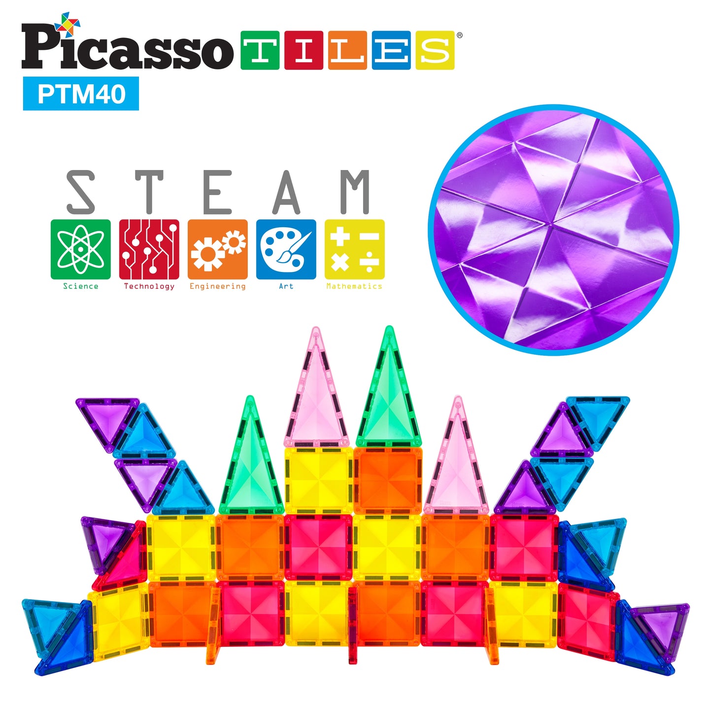 PicassoTiles 40pc Mini Diamond Magnetic Tileset