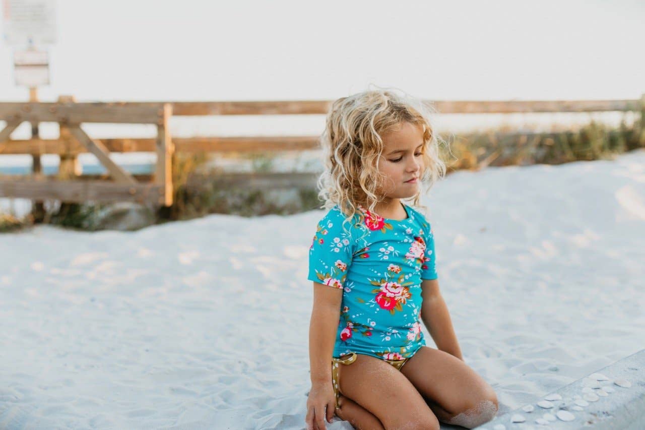 Mustard Teal Floral Rash Guard Swimsuit