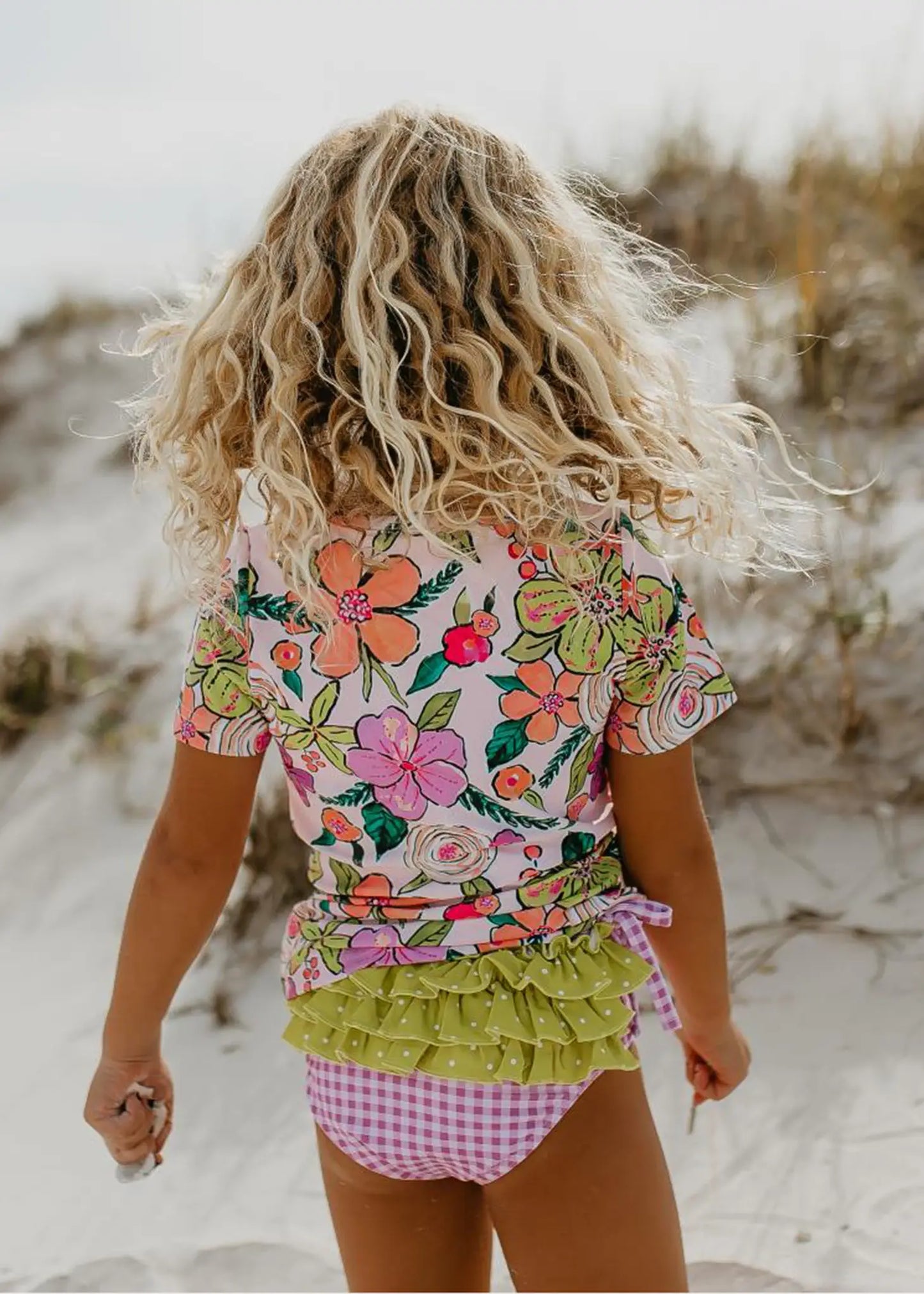 Lavender Check Rash Guard Swimsuit with Ruffle Bottoms