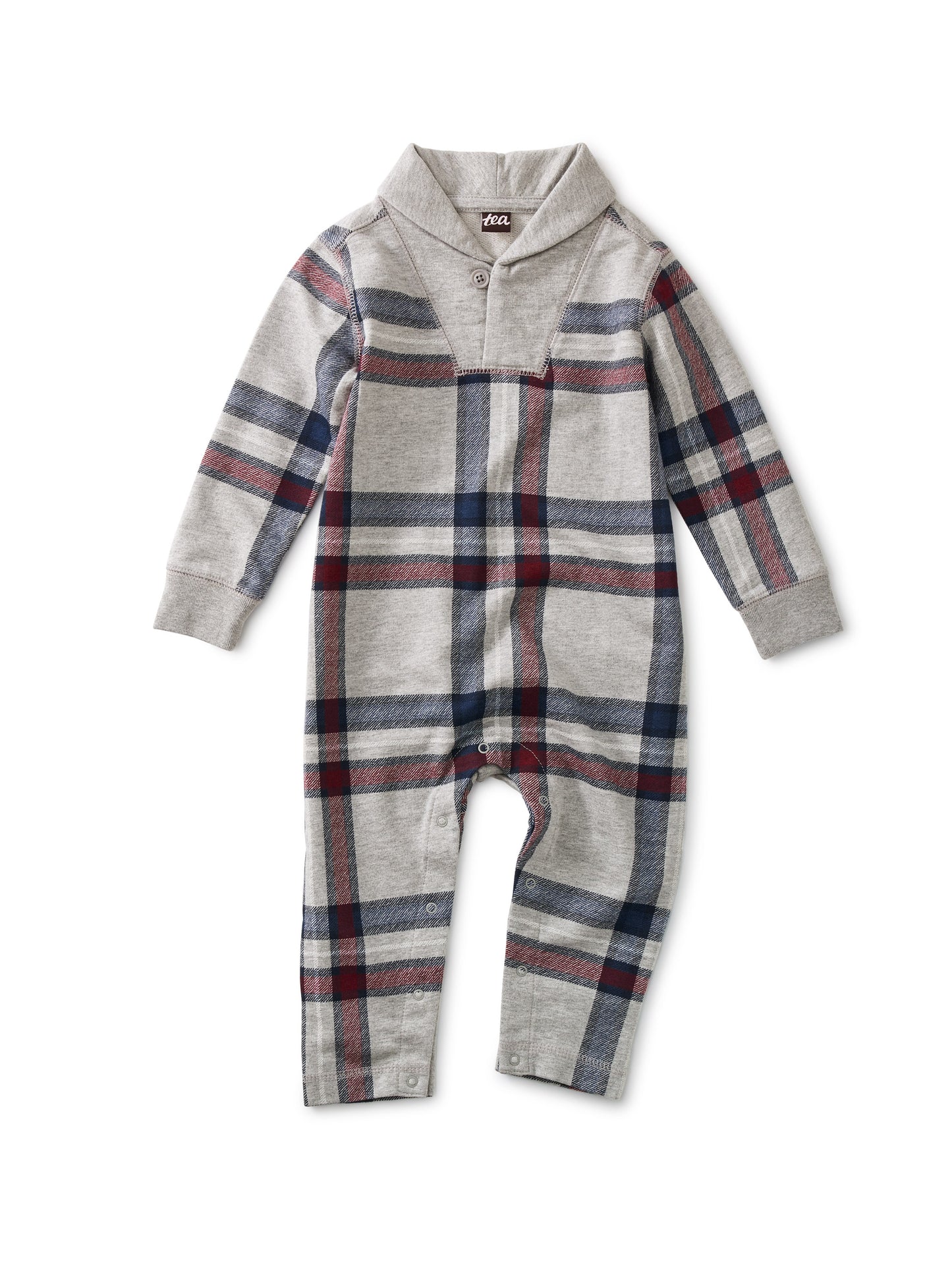 Shawl Collar Baby Romper in Treehouse Plaid