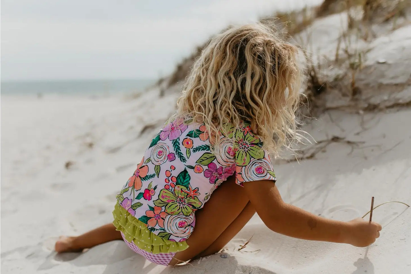 Lavender Check Rash Guard Swimsuit with Ruffle Bottoms