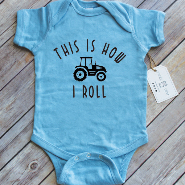 How I Roll Tractor Onesie - Blue