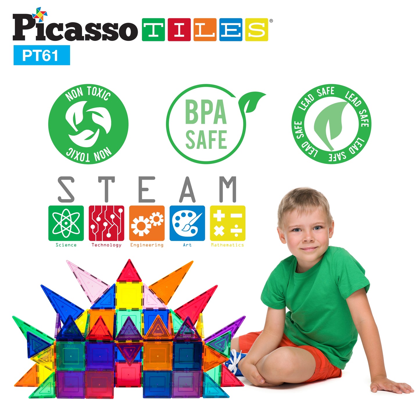 PicassoTiles 61 Piece Magnetic Tileset
