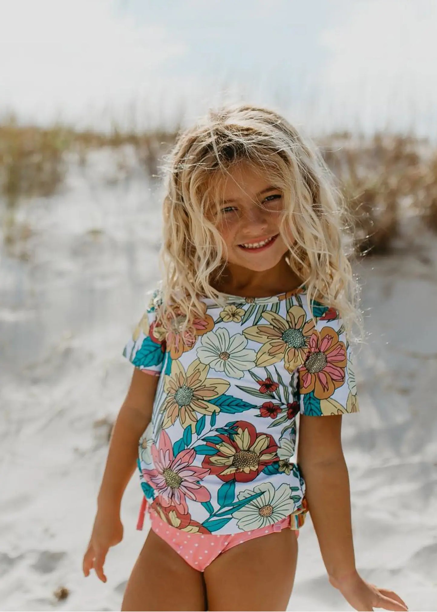 Pink Tropical Rash Guard Swimsuit with Ruffle Bottoms