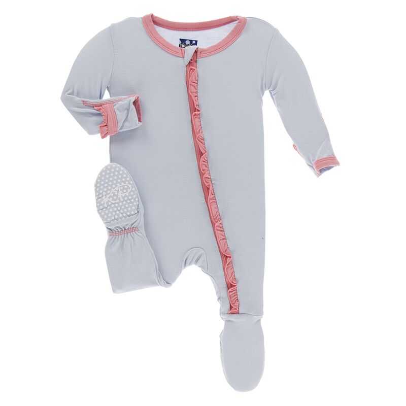 Kickee Pants Solid Ruffle Footie with Zipper - Dew with Strawberry