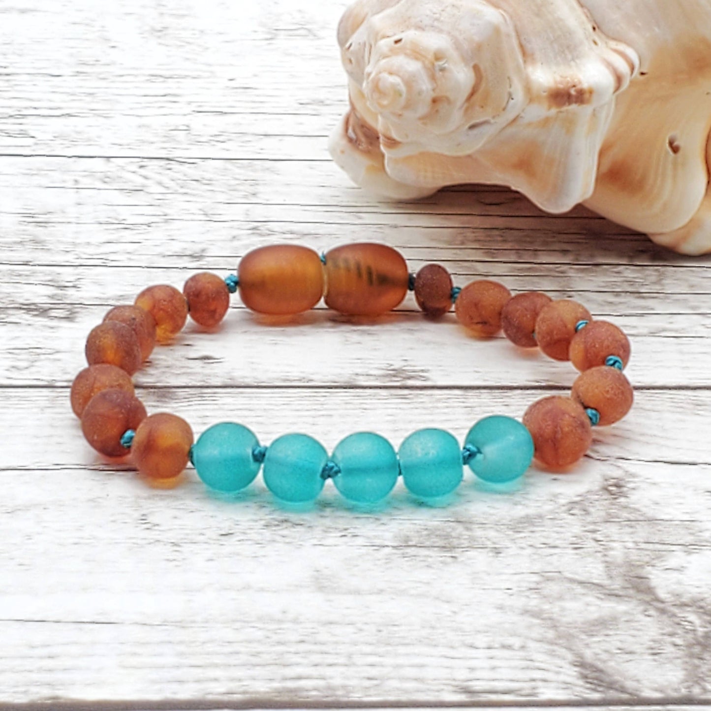 Aqua Sea Glass + Raw Cognac Amber Kids Bracelet 5-6"