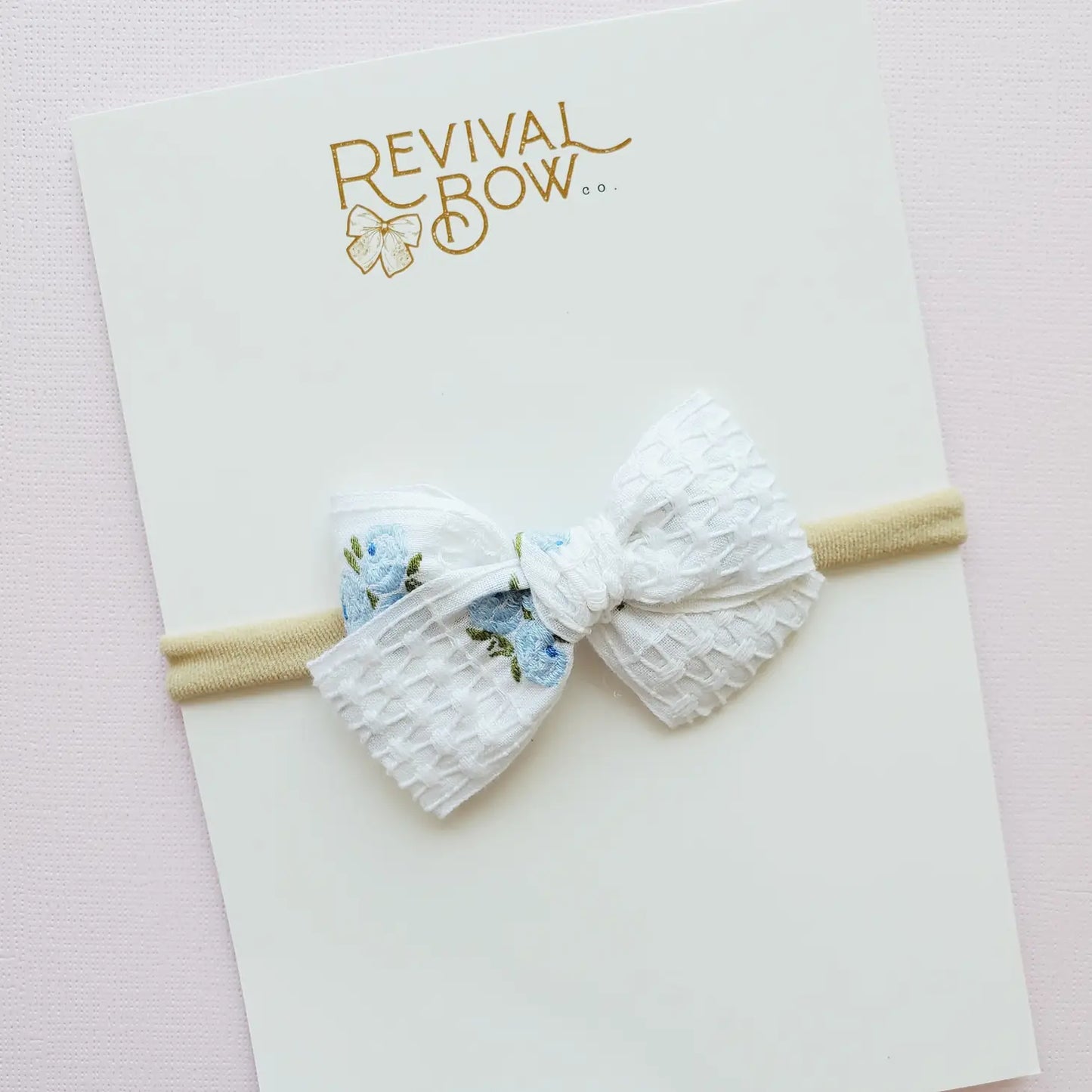 Blue Floral Vintage Trim Small Pinwheel Bow on Nylon Headband