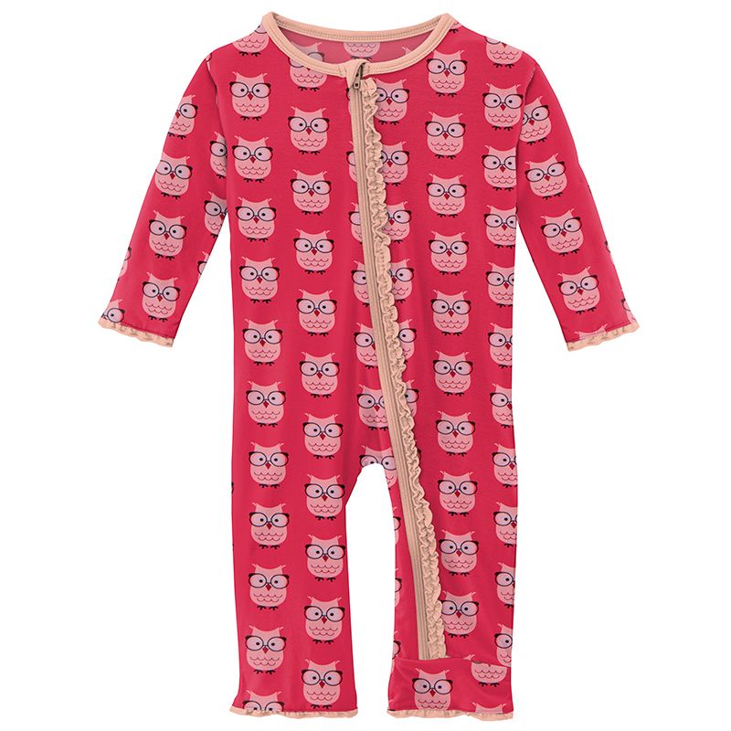 Print Ruffle Coverall with Zipper - Taffy Wise Owls