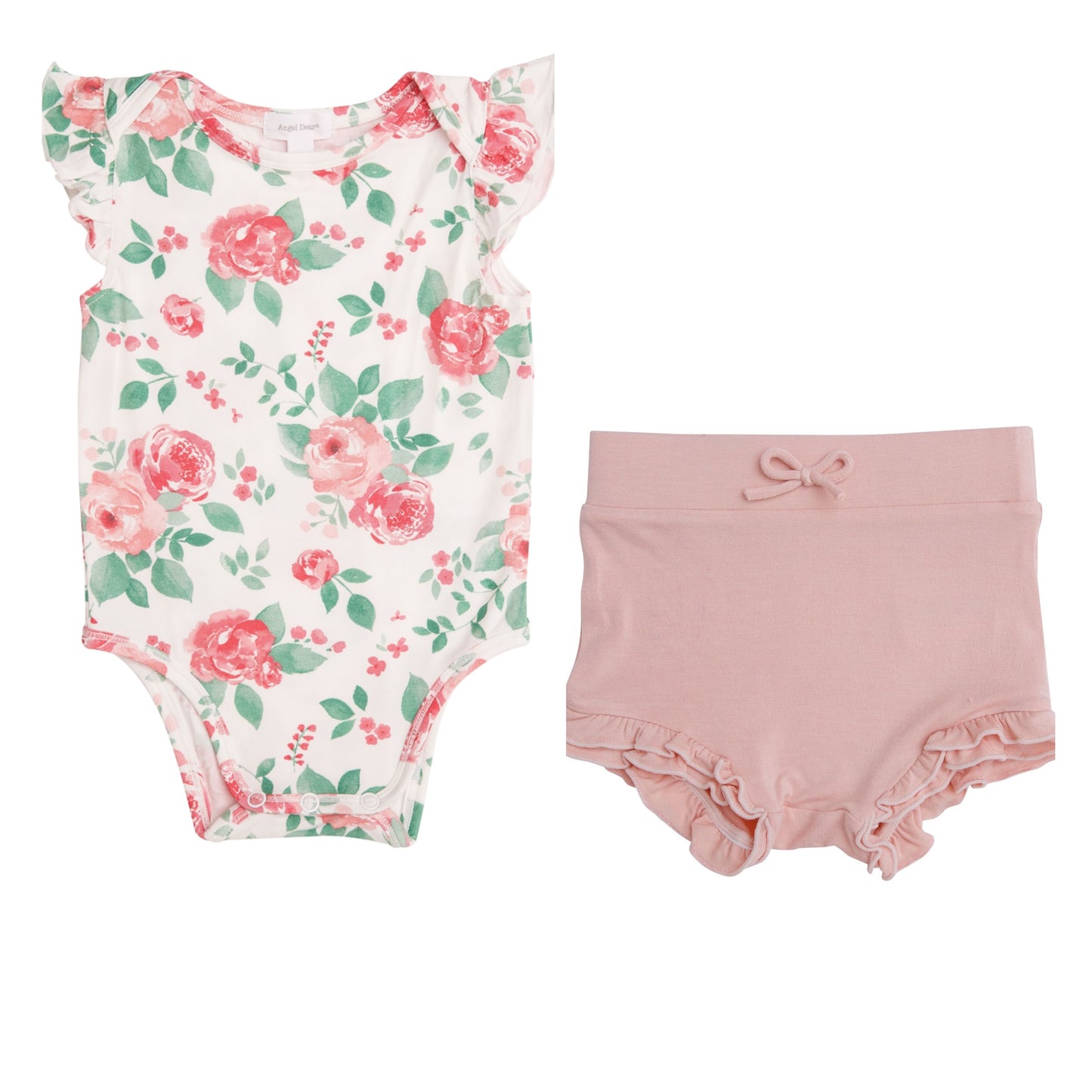 Ruffle Sleeve Onesie and High Waisted Short Set - Rose Garden/ Pale Pink