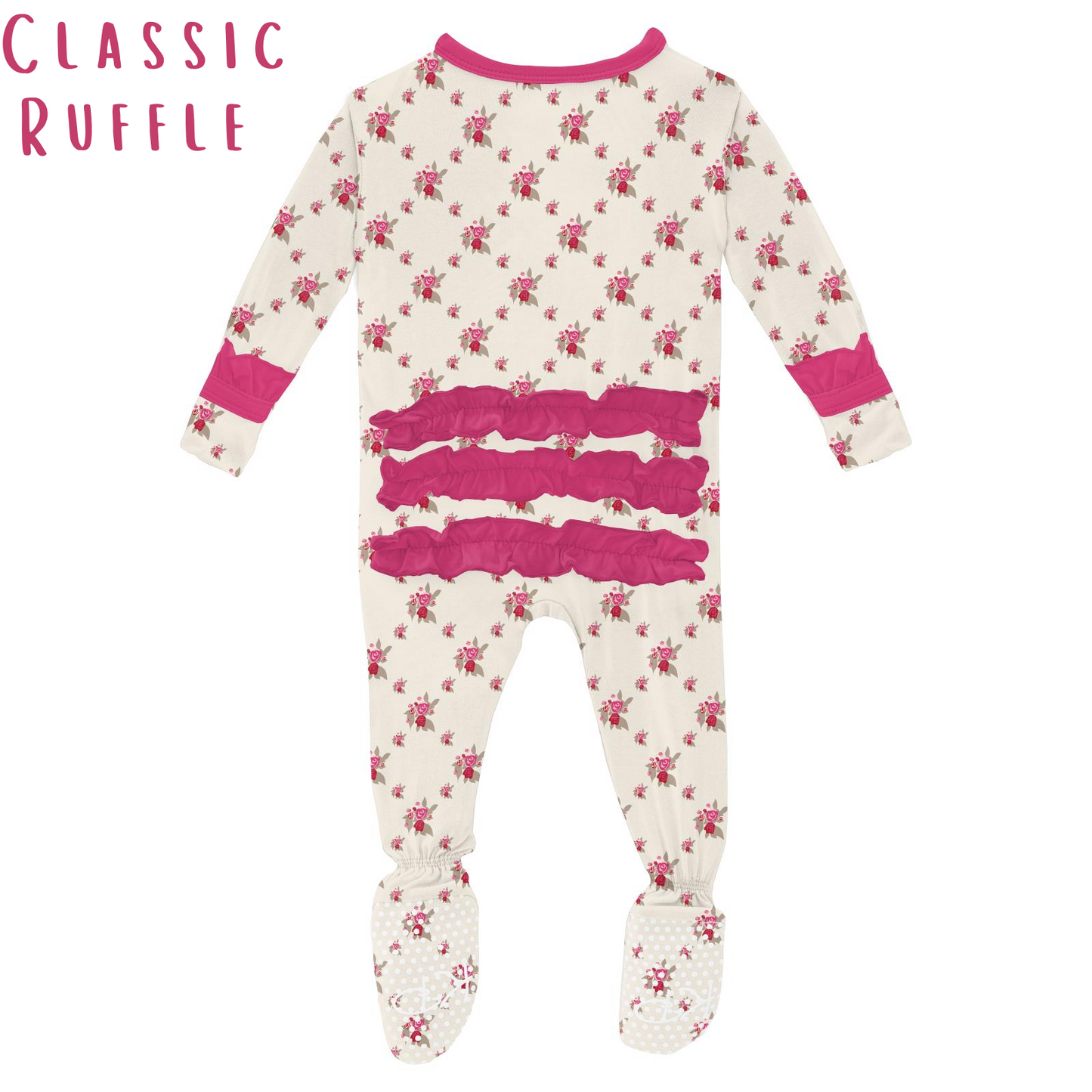 Natural Rose Trellis Print Classic Ruffle Footie with Zipper