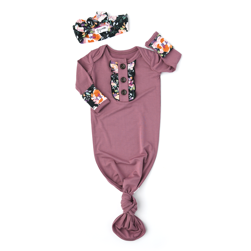 Gigi and Max Knotted Ruffle Button Gown with Headband Set - Kate and Willow Floral