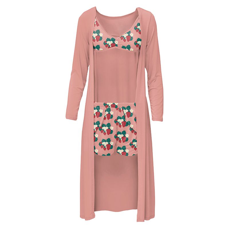 Blush Strawberry Farm Women's Sleeping Bra, Tulip Shorts and Duster Robe Set