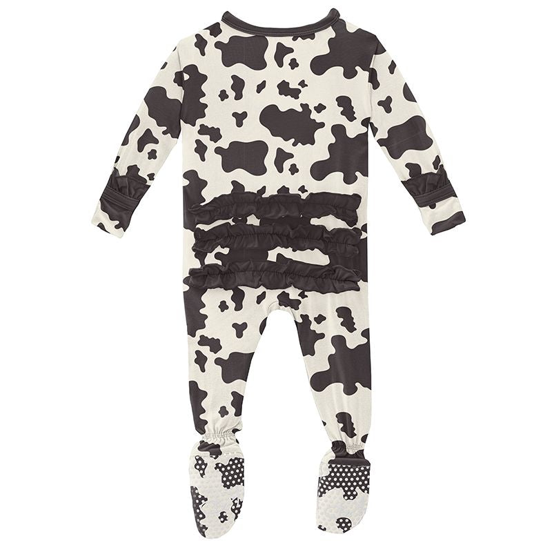 Print Classic Ruffle Footie with Zipper - Cow Print