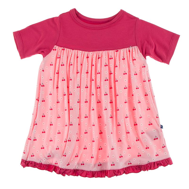 Print Classic Short Sleeve Swing Dress - Lotus Cherries and Blossoms