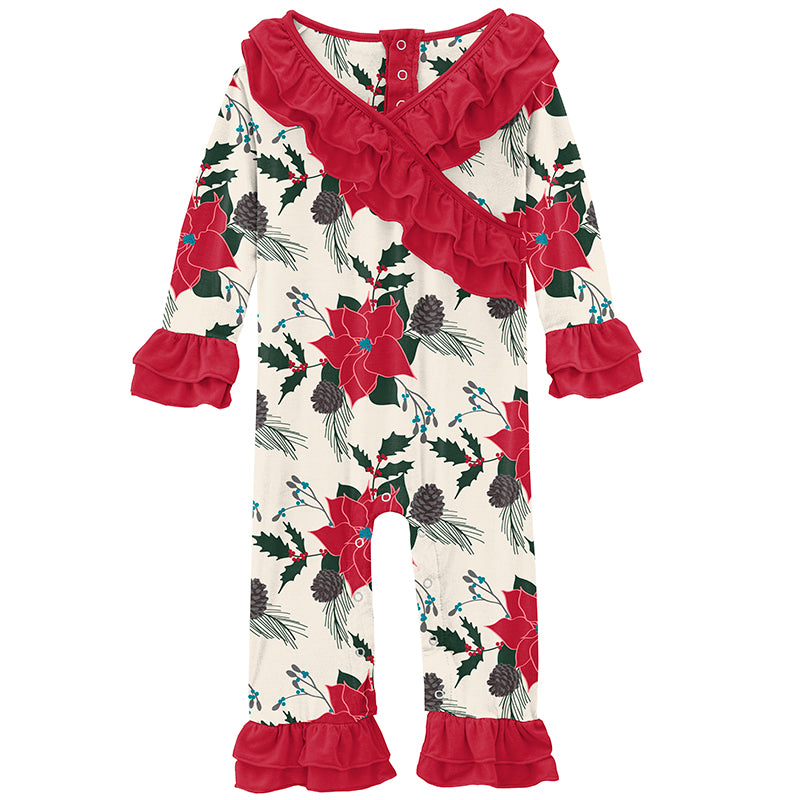 Print L/S Kimono Double Ruffle Romper - Christmas Floral