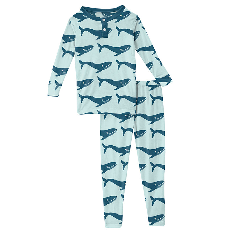 Print Long Sleeve Henley Pajama Set - Fresh Air Blue Whales