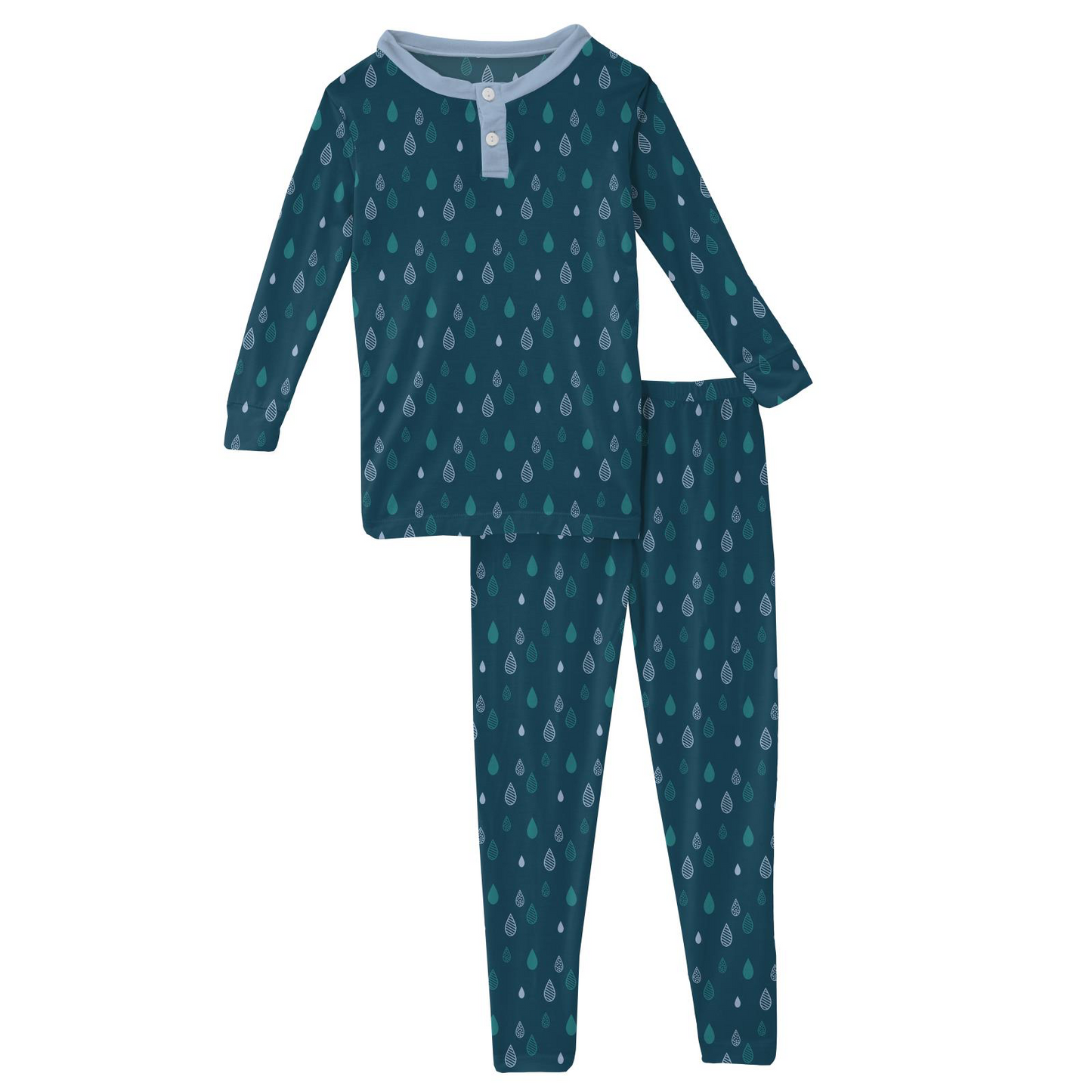 Peacock Raindrops Print Long Sleeve Henley Pajama Set