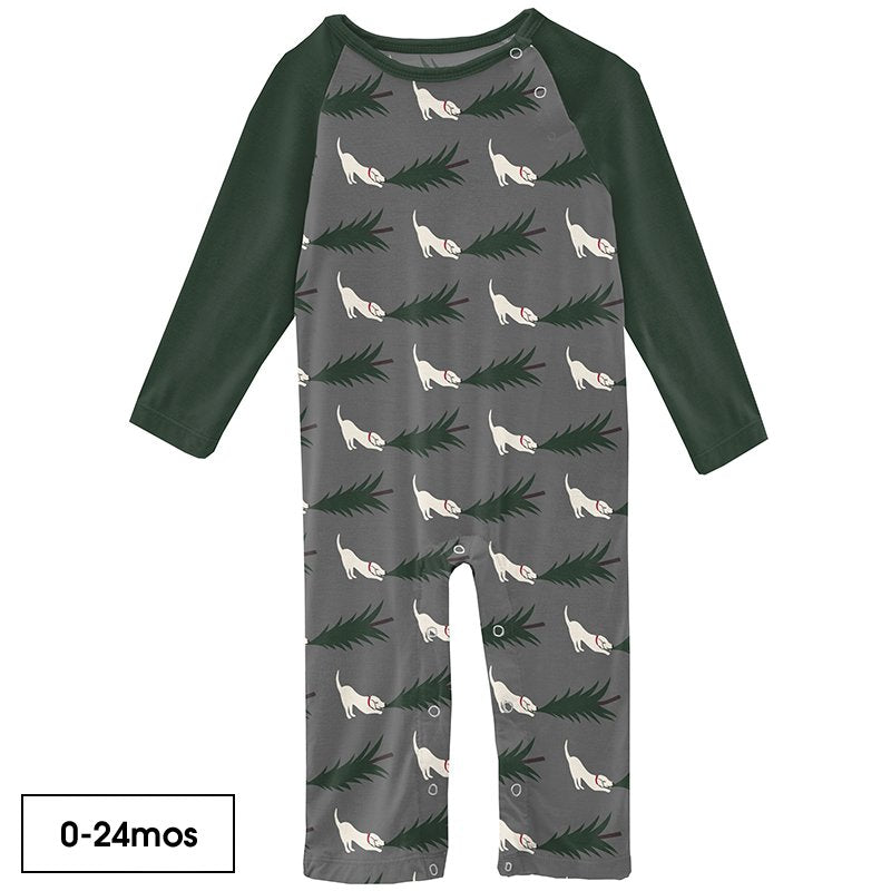 Print Long Sleeve Raglan Romper in Pewter Christmas Tree Drag