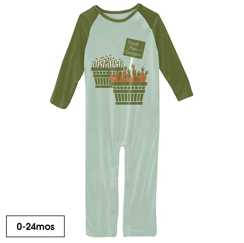 Long Sleeve Graphic Raglan Romper in Pistachio Peas and Carrots