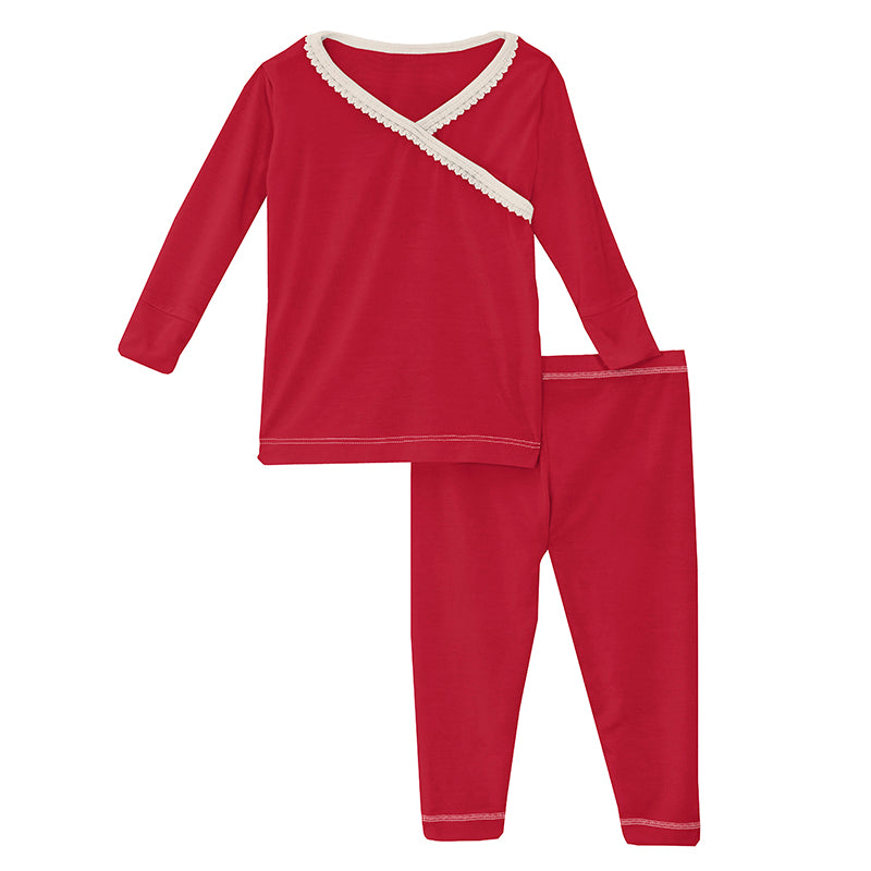 Long Sleeve Scallop Kimono Pajama Set - Crimson with Natural