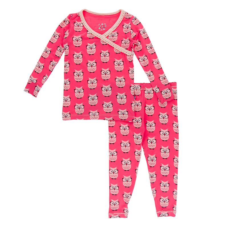 Print Long Sleeve Scallop Kimono Pajama Set - Taffy Wise Owls
