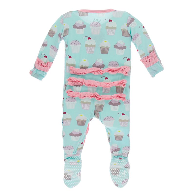Print Ruffle Footie with Zipper - Summer Sky Cupcakes
