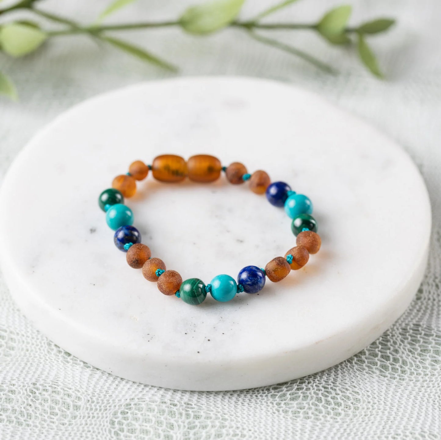 Malachite Mix + Raw Cognac Amber Kids Bracelet 5-6"