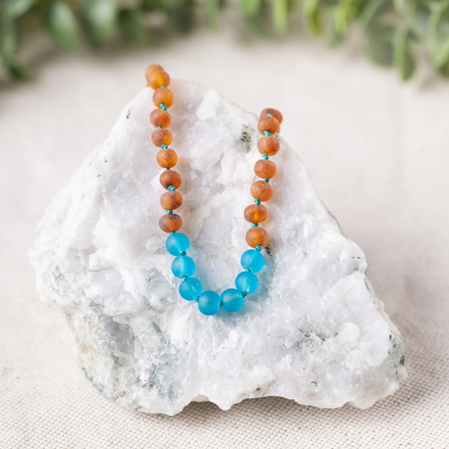 Marine Blue Sea Glass + Raw Cognac Amber Necklace