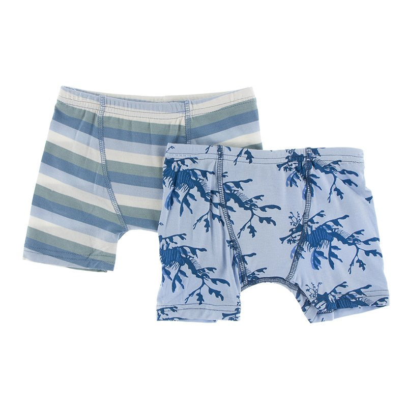KicKee Pants Boys Boxer Briefs (Set of 2) Oceanography Stripe & Pond Leafy Sea Dragon