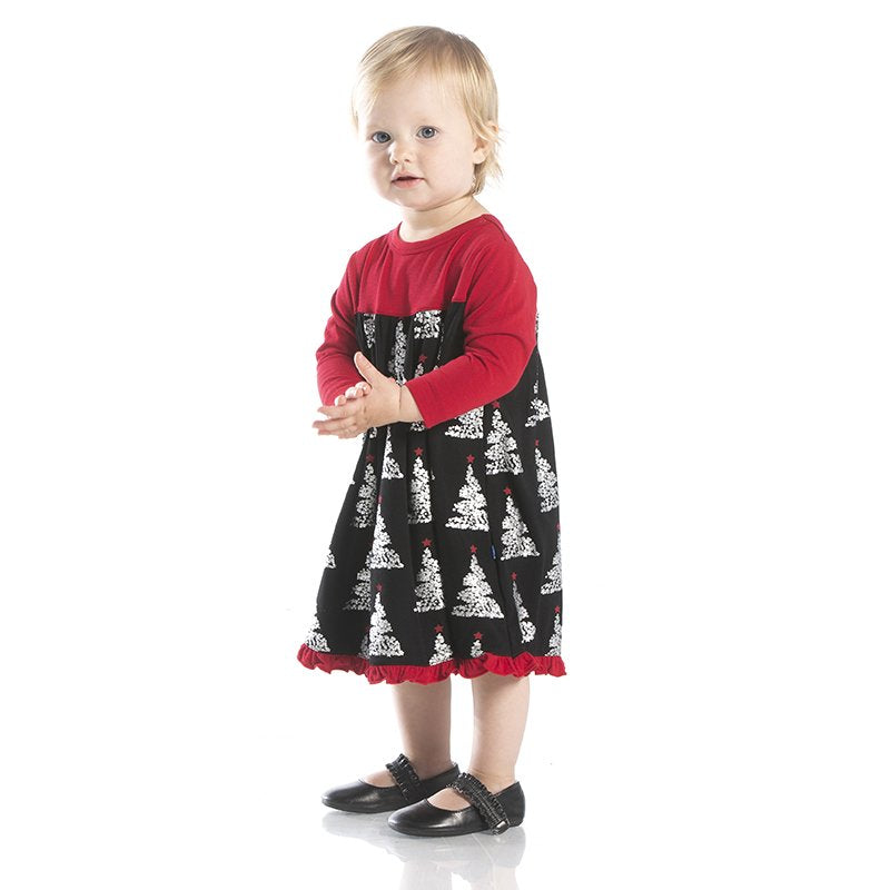 Kickee Pants Classic Print Long Sleeve Swing Dress - Midnight Foil Trees