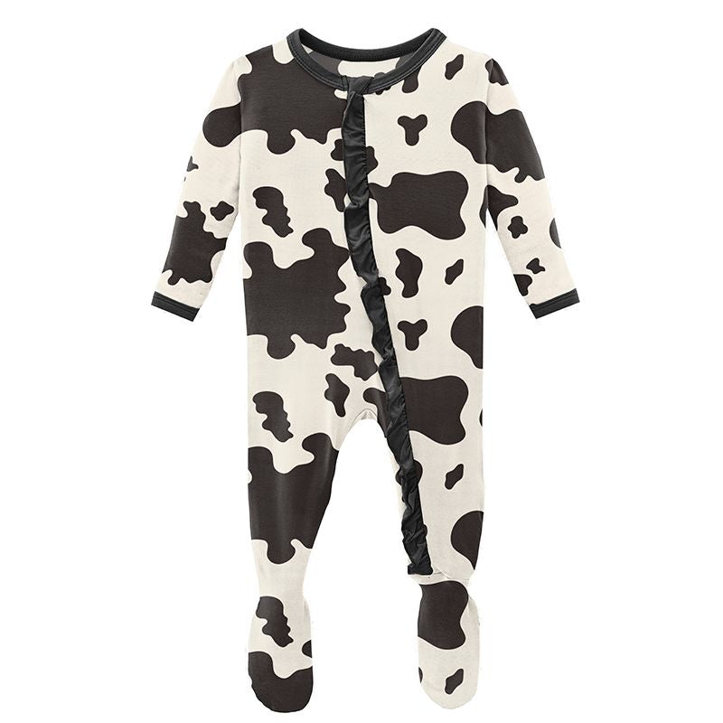 Print Classic Ruffle Footie with Zipper - Cow Print