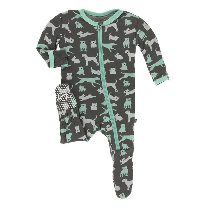 Kickee Pants Print Footie with Zipper - Stone Domestic Animals