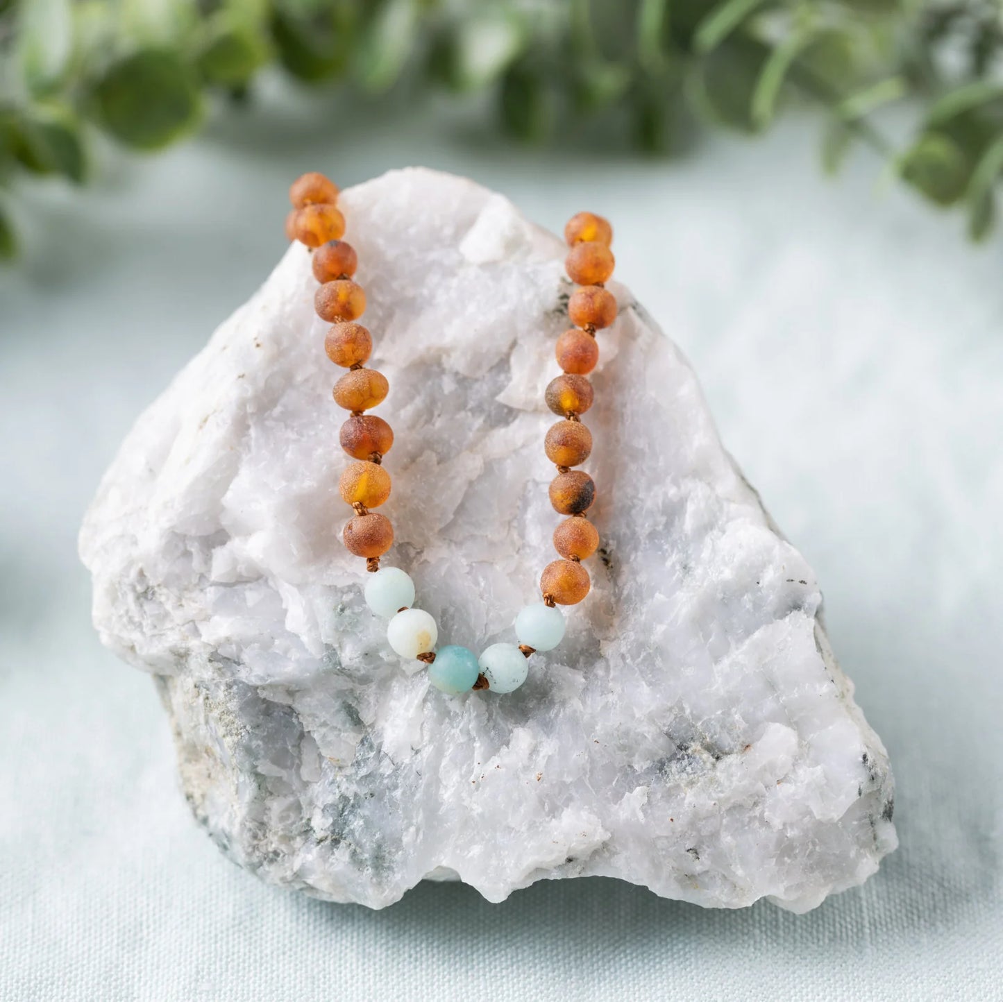Raw Amazonite + Raw Cognac Amber Kids Necklace