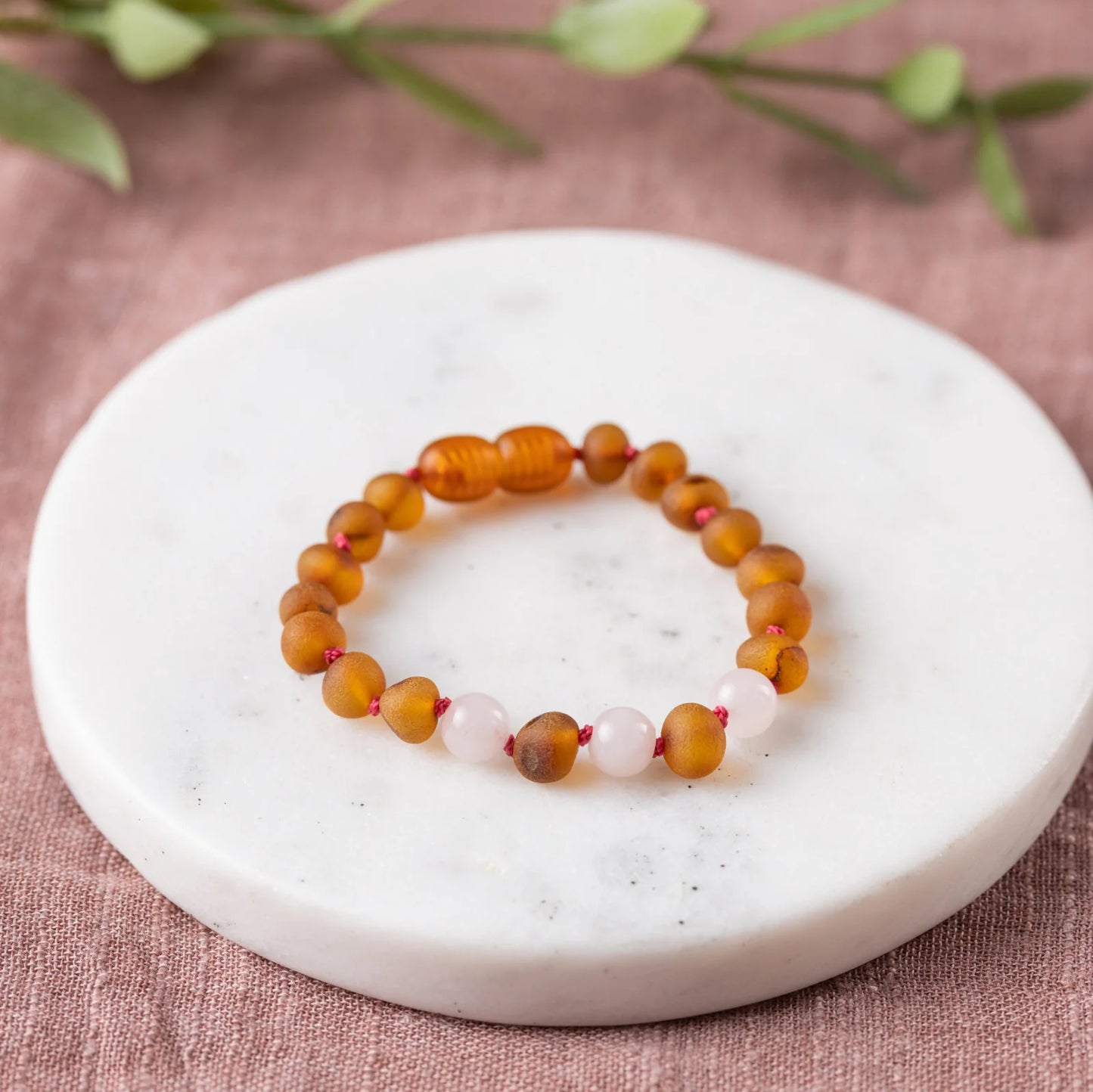 Rose Quartz + Raw Cognac Amber Bracelet 5-6"