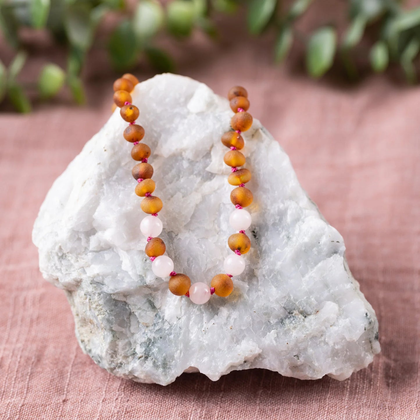 Rose Quartz + Raw Cognac Amber Necklace