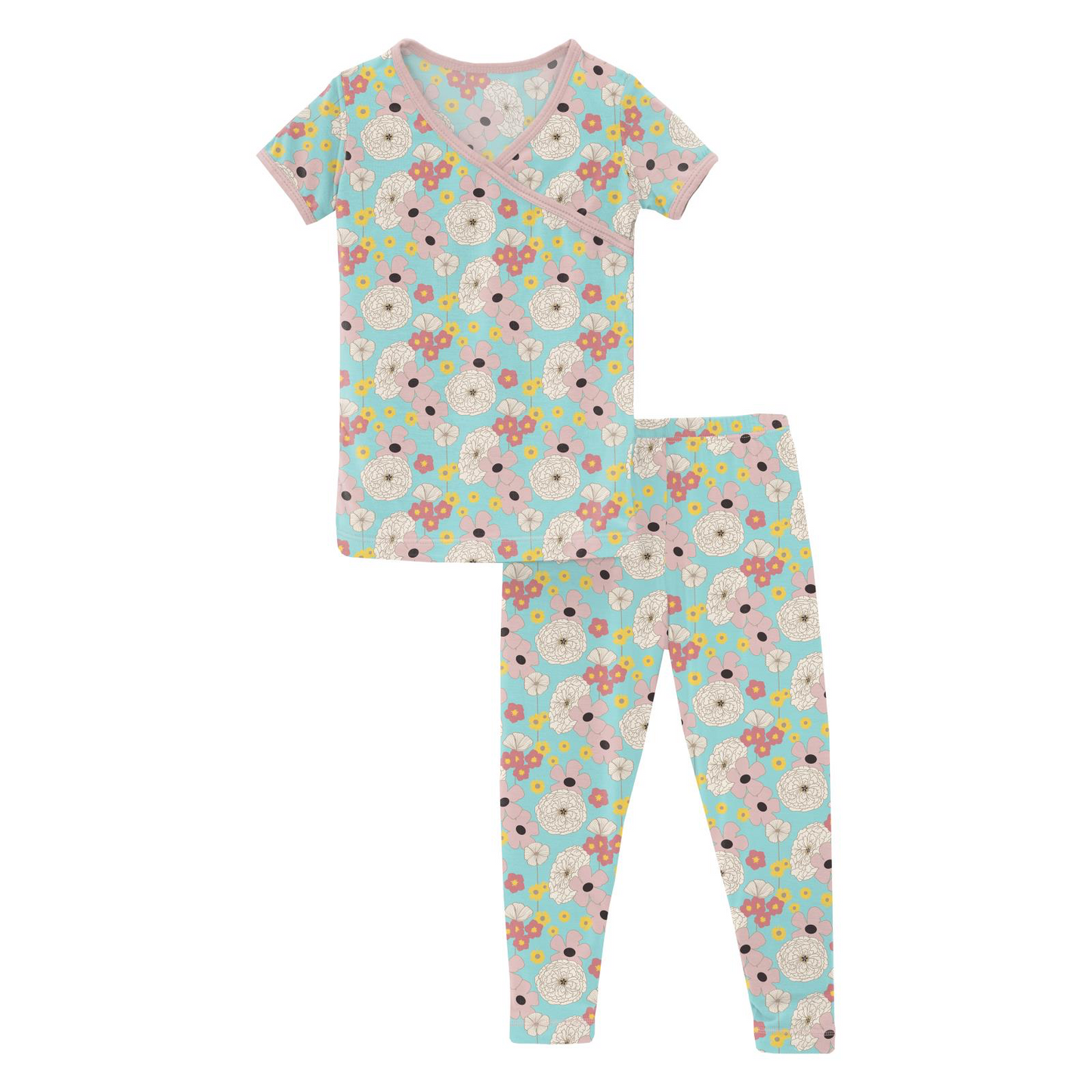 Summer Sky Flower Power Print Short Sleeve Kimono Pajama Set