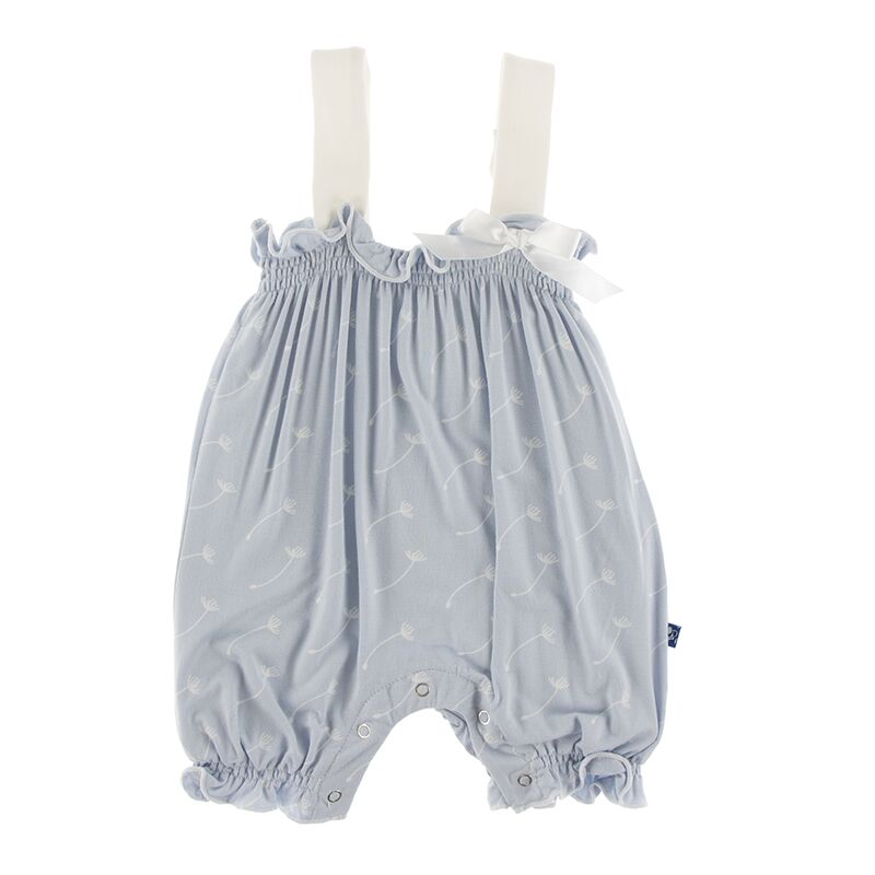 Kickee Pants Print Gathered Romper with Bow - Dew Dandelion Seeds