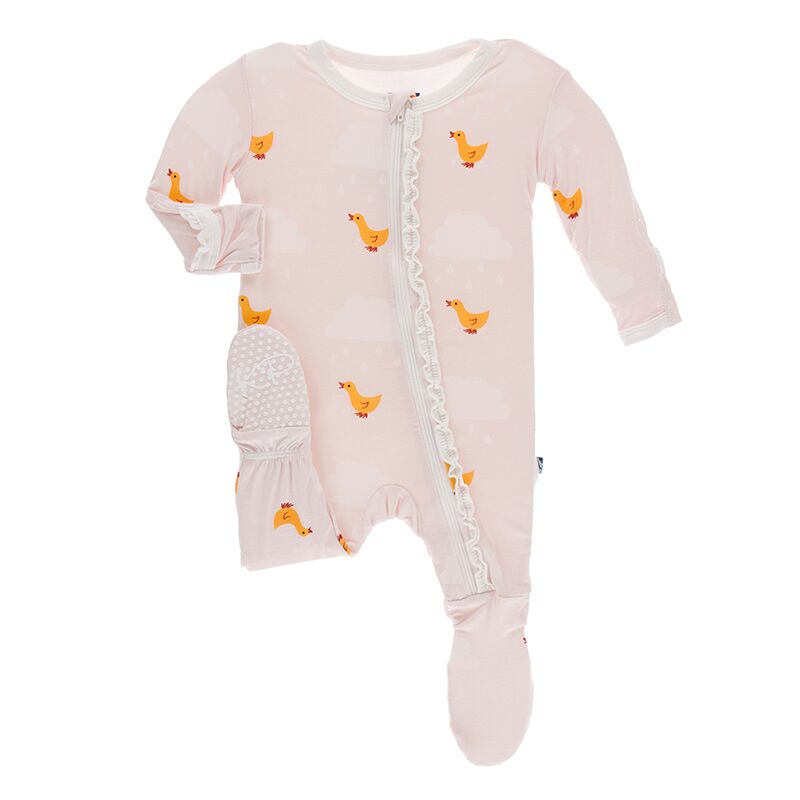 KicKee Pants Muffin Ruffle Footie with Zipper - Blush Puddle Ducks
