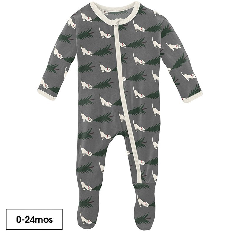 Print Footie with Zipper - Pewter Christmas Tree Drag