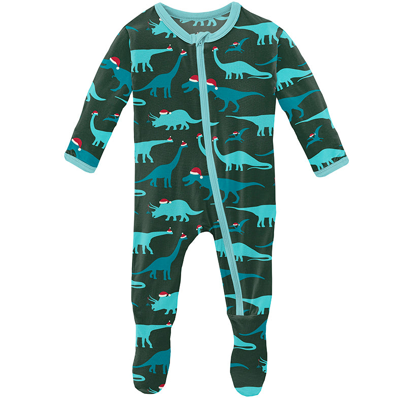 Print Footie with Zipper - Santa Dinos