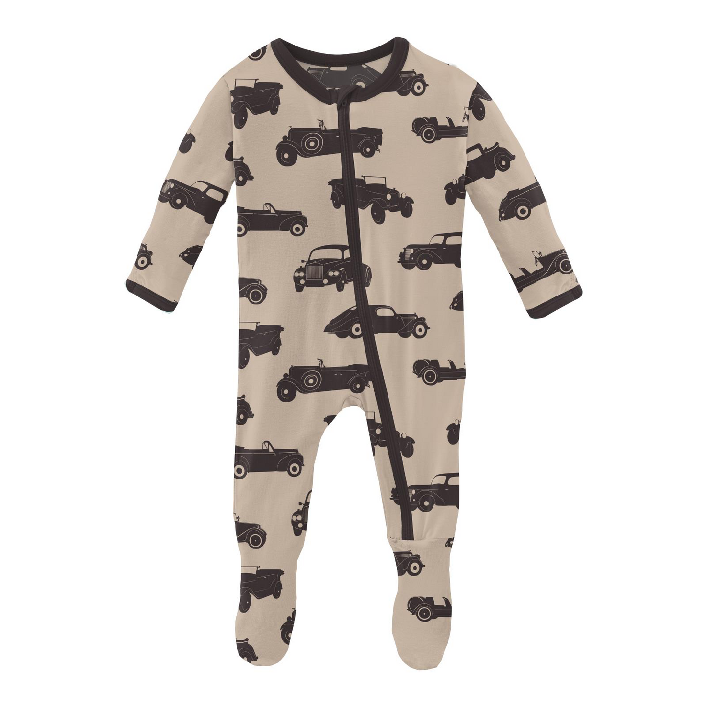 Burlap Vintage Cars Print Footie with Zipper