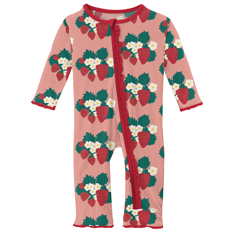 Print Classic Ruffle Coverall with Zipper in Blush Strawberry Farm