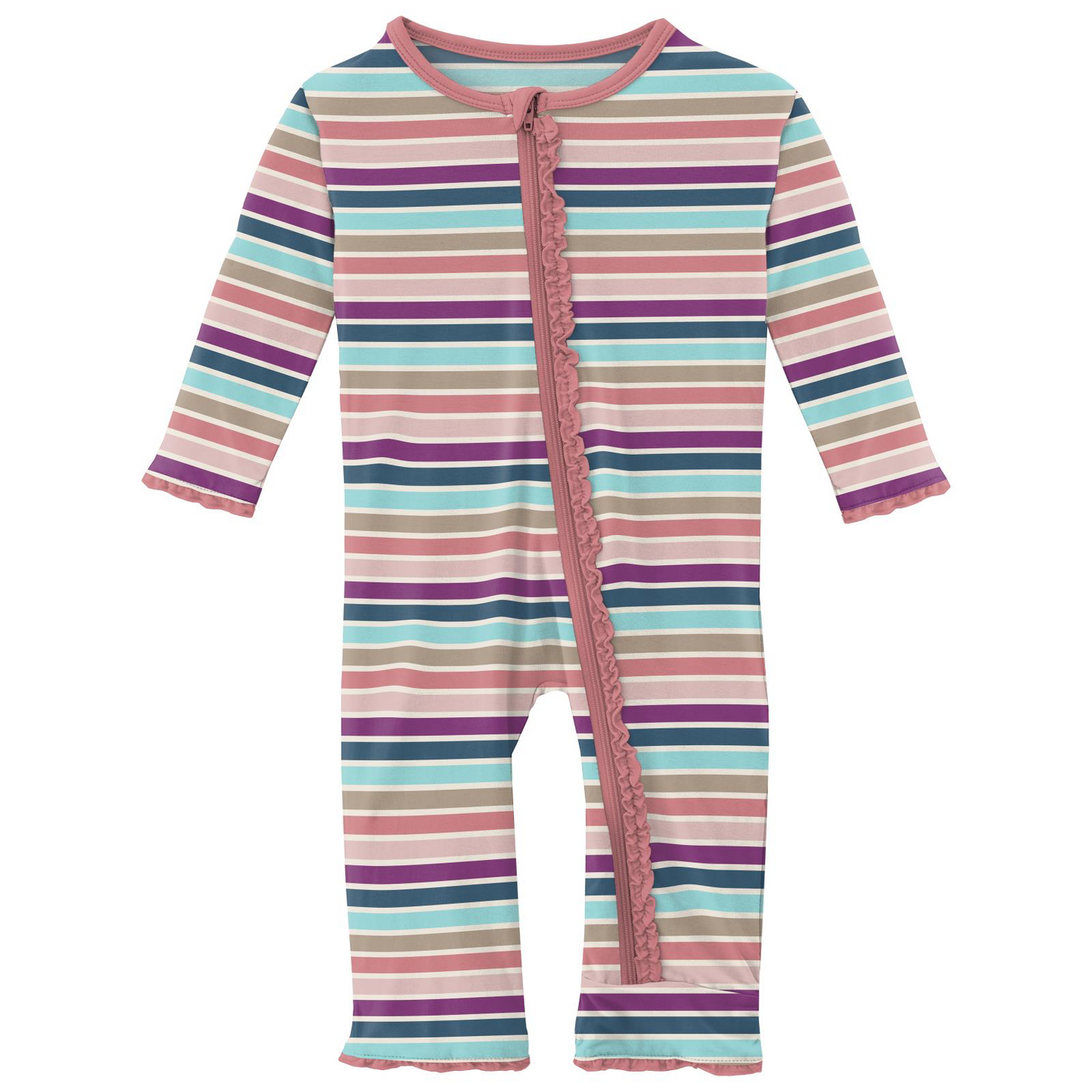 Love Stripe Print Classic Ruffle Coverall with Zipper