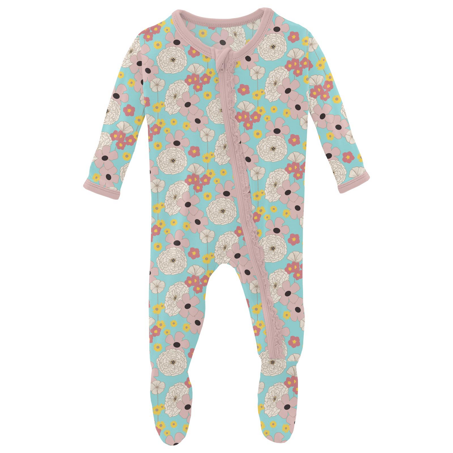 Summer Sky Flower Power Print Classic Ruffle Footie with Zipper