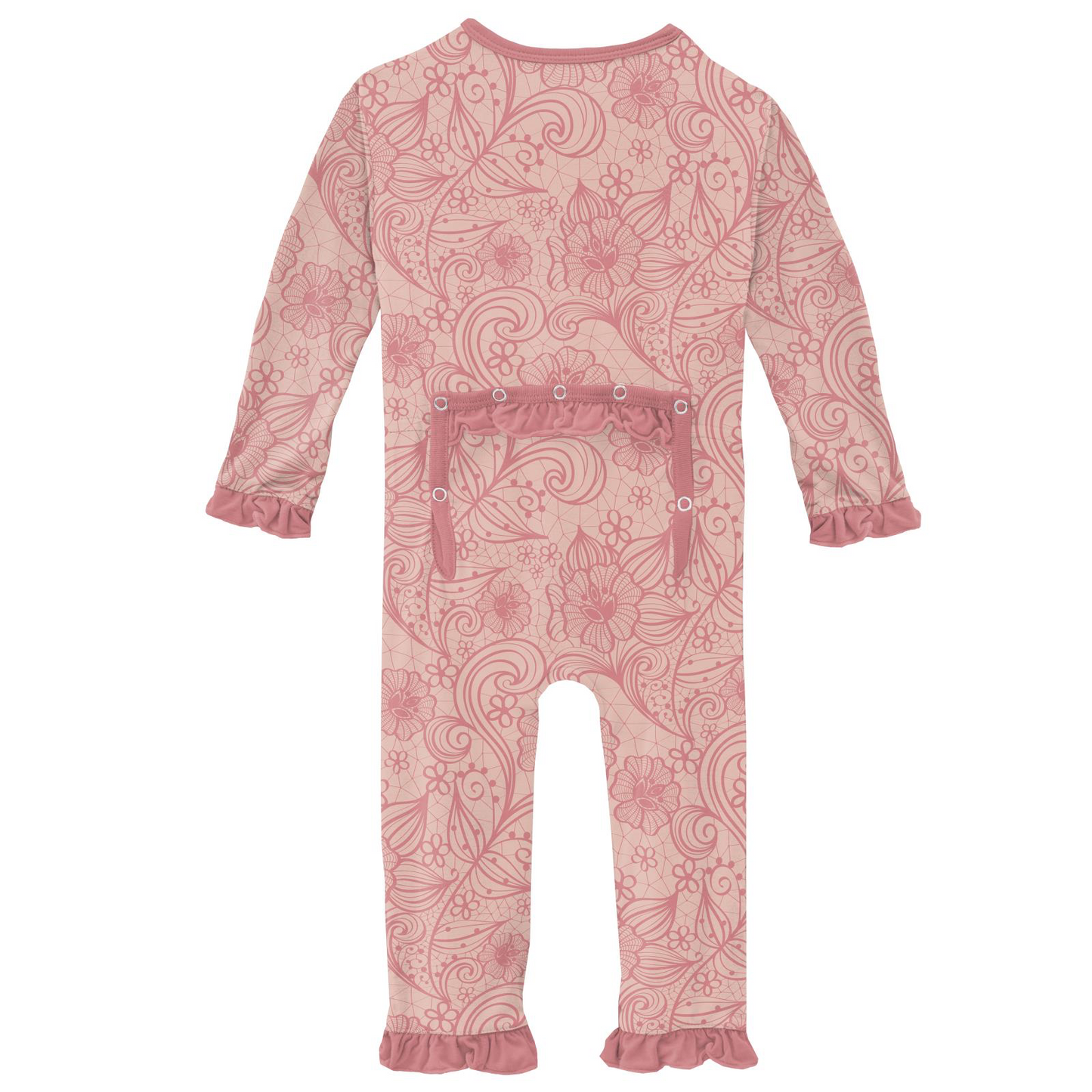 Peach Blossom Lace Ruffle Print Coverall with Zipper
