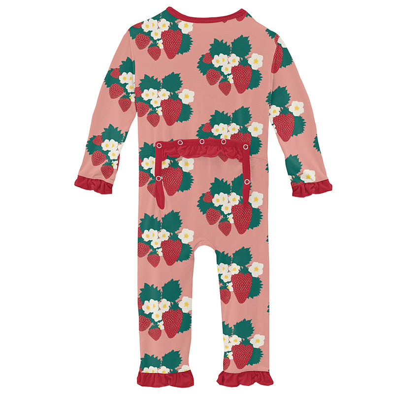 Print Classic Ruffle Coverall with Zipper in Blush Strawberry Farm